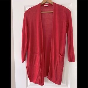 J Jill Red Long-Length Open-Front Cardigan Sweater w Pockets, Linen & Viscose